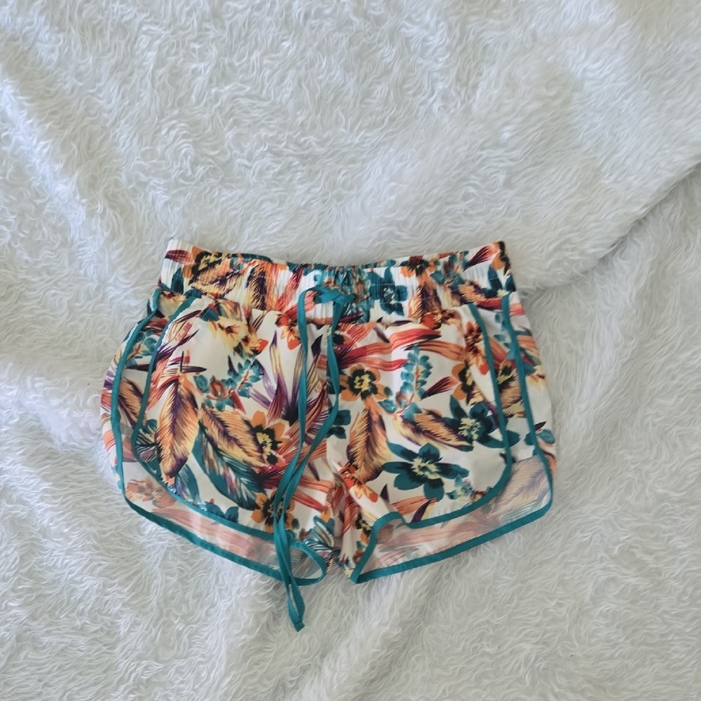 Vanilla Star Tropical Floral Print Dolphin Shorts Teal Orange XS
